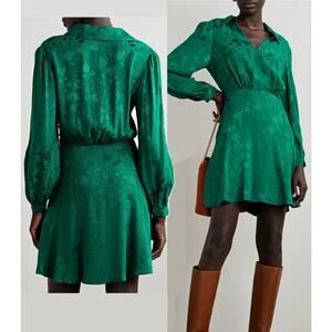RIXO LONDON Indy Green Floral Satin Jacquard Long Sleeve Mini Dress US MEDIUM